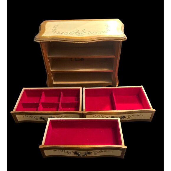 Vtg  60s Apco Japan Wooden Jewelry Chest Music Box 3 Velvet-Lined Drawers Hand-P - Picture 4 of 8